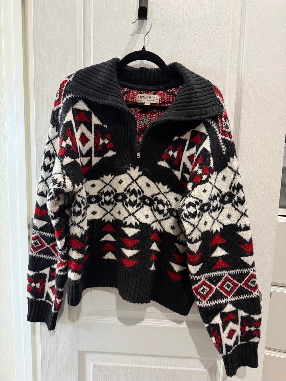 Idyllwind Black White Red Patterned Half-Zip Sweater